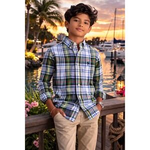 NWT Ralph Lauren Plaid Oxford Shirt Boys L 14-16 Green Multi Button Down Preppy